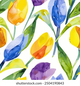 Yellow French Grey White Abstract Wild Tulip Flower Elegant Leaf Watercolor Scandinavian Design Seamless Pattern Wallpaper Curtain Bedding Upholstery Pastel Fabric Background Vector