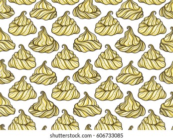 Yellow french meringue cookies seamless pattern. Doodle decorative hand drawn vector illustration 
