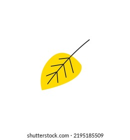 Yellow  Fresh Autumn Leaf With Veins. Fall Birch Foliage Season. Decorative Botanical Item. Simple Single Birch Leaf Silhouette. Hand Drawn Flat Vector Illustration Isolated On White Background