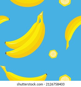 Yellow fresh bananas on blue background. Seamless vector texture. Vector Illustration. Fruits isolated on blue. EPS 10.