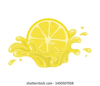 Yellow fresh cut slice lemon with juice splash isolated on white background. Sweet food. Organic fruit. Vector illustration for any design.