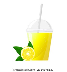Yellow fresh lemon juice in plastic glass. Citrus juice in clear plastic cup. Vector illustration for design of fresh product, juice, canned food, menu for cafe.