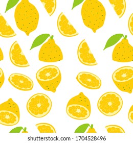 Yellow fresh lemon pattern art food design seamless vitamin vector ornament. Hand drawn flat seamless texture citrus fruit pattern. Sliced lemons and fruit seeds sweet graphic texture.
