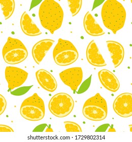 Yellow fresh lemon pattern art food design seamless vitamin vector ornament. Hand drawn flat seamless texture citrus fruit pattern. Sliced lemons and fruit seeds sweet graphic texture.