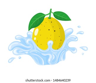 Yellow fresh lemon with water splash isolated on white background. Sweet food. Organic fruit. Vector illustration for any design.