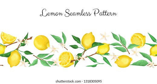 Yellow fresh lemons, lemon branches on a white background. Seamless pattern, frame, postcard