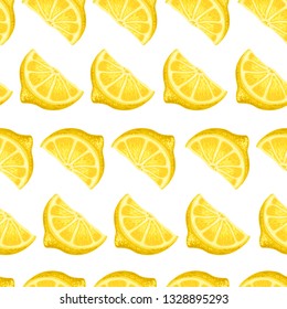 Yellow fresh lemons, slices on a white fion. Seamless pattern