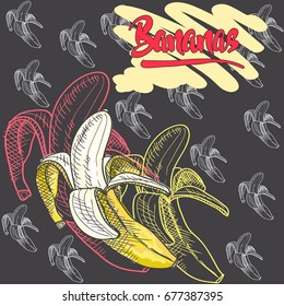 yellow, fresh, organic, natural,colored, bananas graphic, vector illustration, lettering for design, menu, cafe decoration.