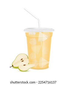 Vidrio de jugo de pera fresco amarillo y rebanadas a la mitad. Jugo de fruta en recipiente transparente transparente transparente transparente tapa plana, hielo y tubo de paja. Para el diseño, hay una cafetería o restaurantes a la carta. Vector 3D realista aislado.