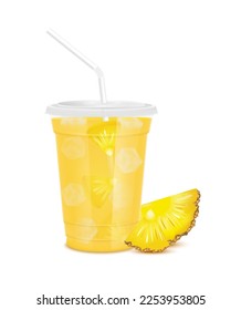 Yellow fresh pineapple juice glass and slices half. Fruit juice in clear plastic transparent cup flat lid, ice and straw tube. For design drink menu cafe or restaurants. Isolated 3D realistic vector.