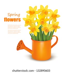 Yellow fresh spring flowers in green watering can. Vector illustration.