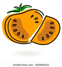 Yellow fresh tomato icon. Whole and sliced. Ready vector logo for design