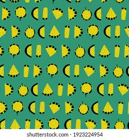 Yellow fresh watermelon slices seamless pattern vector. Funny cartoon green, yellow, black motley ornament. Hand drawn colorful different shaped fruits slices. Raw food motley bright seamless pattern