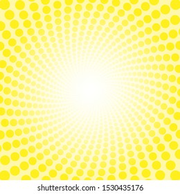 Yellow freshness spirale sun light pattern. Dotted tunnel with bright center - twisted circular background illustration, hypnotic and psychedelic.
