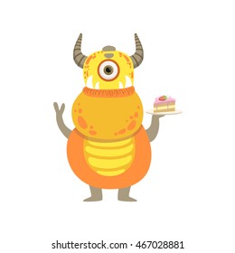 Yellow Friendly Monster With Horns And Cake