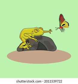 A yellow frog on a rock trying to catch a butterfly - Coloring book for kids