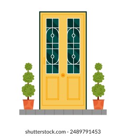 Yellow front door to house with mosaic decoration on windows, trees in pots on threshold vector illustration
