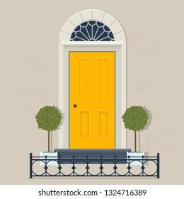 Yellow front door with two potted plants in pots and cast iron fence. Vector illustration