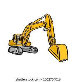 Yellow Front Hoe Loader excavator vector illustration sketch hand drawn with black lines isolated on white background