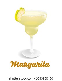 Yellow frozen alcoholic cocktail drink fresh Margarita in good glass. It's best made with tequila, fresh lime juice, and agave syrup. Modern vector style illustration party isolaited white background.