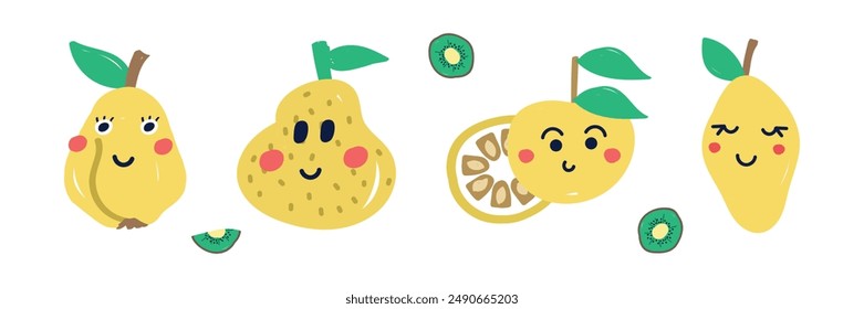 yellow fruit clipart set illustration. lemon, ugli, quince and yuzu. Illustration of fresh berry — hand-drawn vector elements. Healthy natural vitamin food