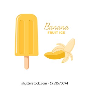 Yellow fruit ice. Banana popsicle on a stick. Lettering and picture