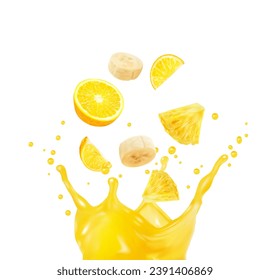 Yellow fruit juice mix splash of orange, pineapple and banana slices, realistic isolated vector. Fruits falling in citrus juice drink with corona splash background for lemonade or tropical soda water