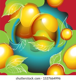 Yellow fruit, plum, seamless texture. For print, fabric, packaging. Harvesting, decoration of wines.