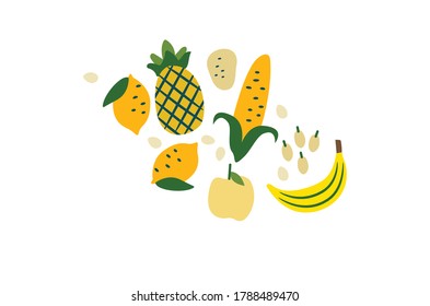 Yellow Fruits Banana, lemon vector illustration isolated on white background
