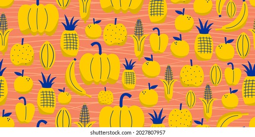 Yellow Fruits seamless pattern with cute natural drawing. Banana, corn, pineapple, lemon, pumpkin isolated on bright background