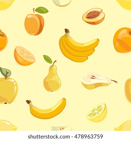 Yellow fruits seamless pattern over white background. Banana pear and apricot. Vector illustration