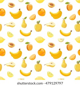 Yellow fruits seamless pattern over white background. Apricot pear and lemon, Vector illustration