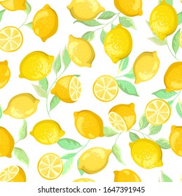 Yellow fruits and slices of lemons with leaves on a white background. Seamless vector pattern.