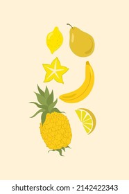 Yellow fruits sorted on yellow background in vector