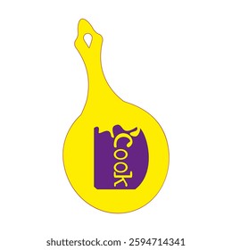 Yellow frying pan. Purple cook text. Decorative kitchenware icon. Playful vector illustration. EPS 10.