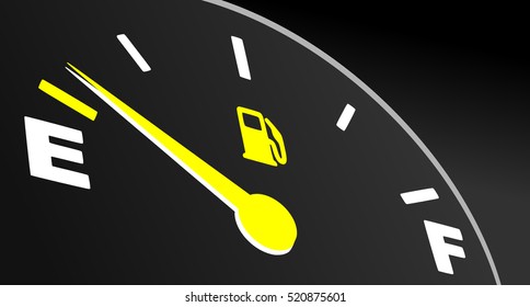 Yellow fuel gauge showing empty tank. Vector fuel indicator on black background.