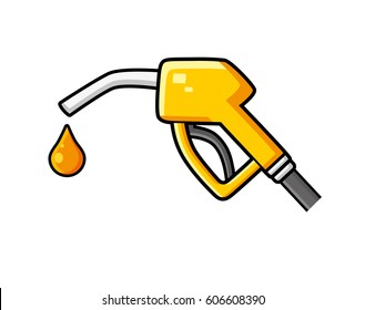 Yellow fuel pump nozzle and drop isolated. Gas filling station icon.