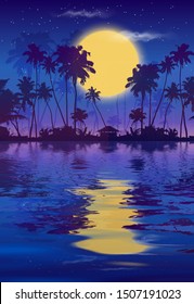 Yellow full moon in dark blue night sky with black palm trees silhouettes and water reflection. Vector fullmoon party poster vertical background.