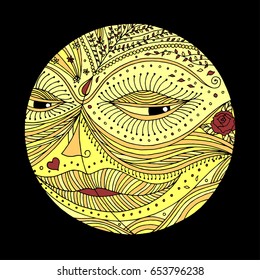 yellow full moon in dark night hand drawing vector zentangle illustration design