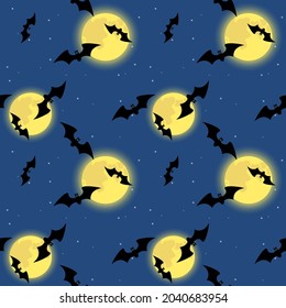 Yellow full moon with stars and bats in the dark blue night sky. Halloween print. Seamless pattern, vector illustration