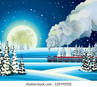 Yellow full moon and train with smoke on a snowdrift background.  Winter night landscape.