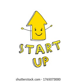 Yellow fun arrow with startup startup.