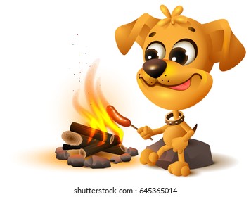 Yellow fun dog fries sausage at fire stake. Isolated on white vector cartoon illustration