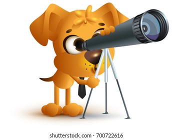 Yellow fun dog teacher looking through telescope. Astronomy lesson. Isolated on white vector cartoon 3d illustration