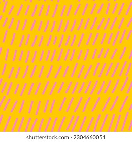 Yellow fun seamless background. Childish abstract vector seamless pattern with hand drawn little pink stripes. Speckled and mottled vector illustration