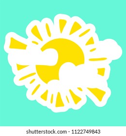 Yellow fun sun. Summer sticker and patch. Hot time symbol. Day sign. Beach icon. Vector