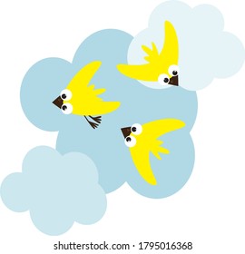 Yellow funny birds flying in the clouds - vector illustration