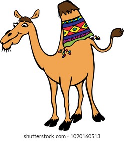 yellow funny camel with one hump, cartoon character isolated on white background