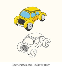 yellow funny car vector illustration, line art