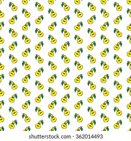 Yellow funny cartoon pear seamless pattern. Vector illustration of fruit on a white background